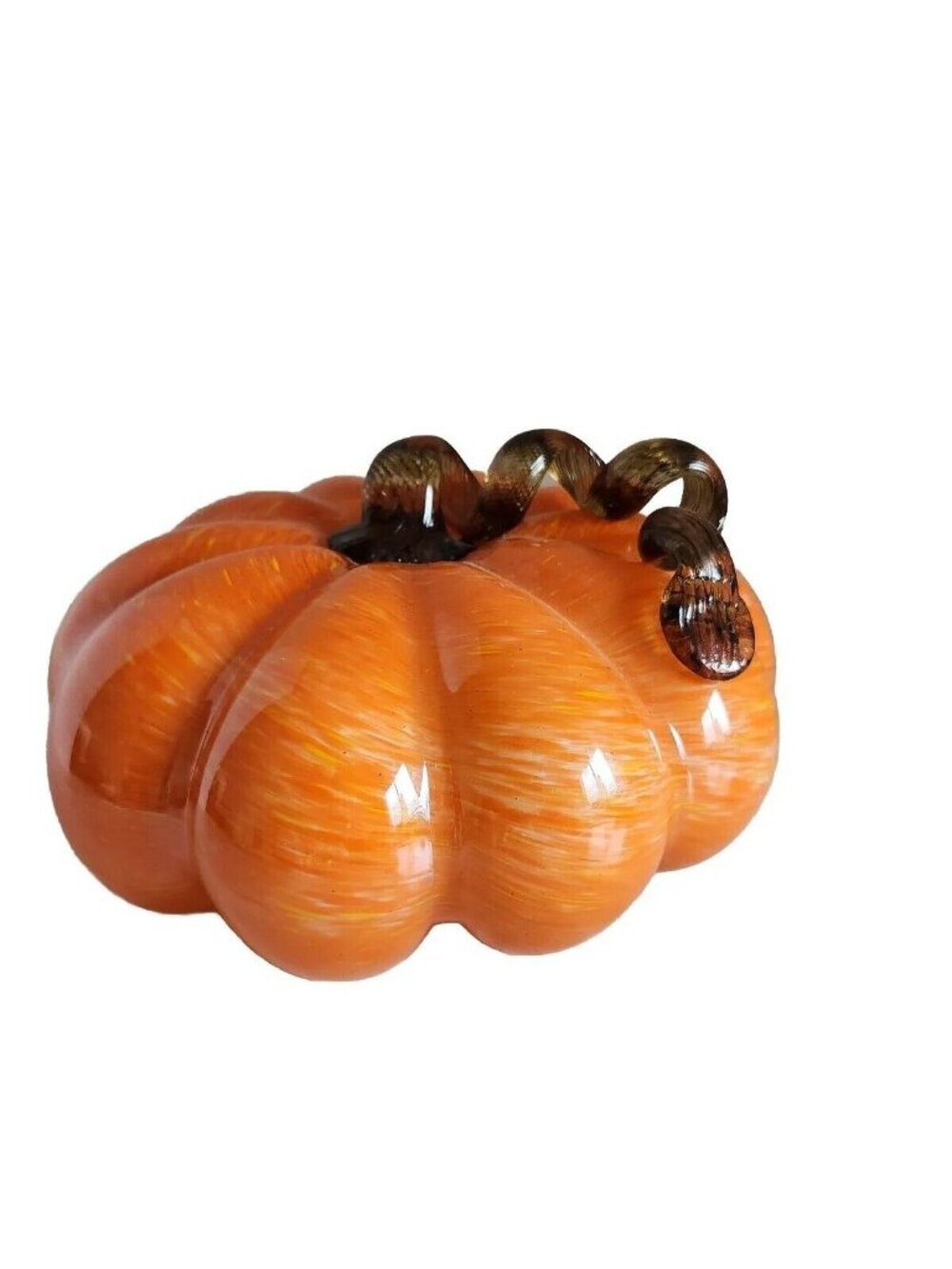 Hand Blown Glass Pumpkin  Swirl Dark Brown Stem  Autumn Fall 9" Wide X 5" To Top